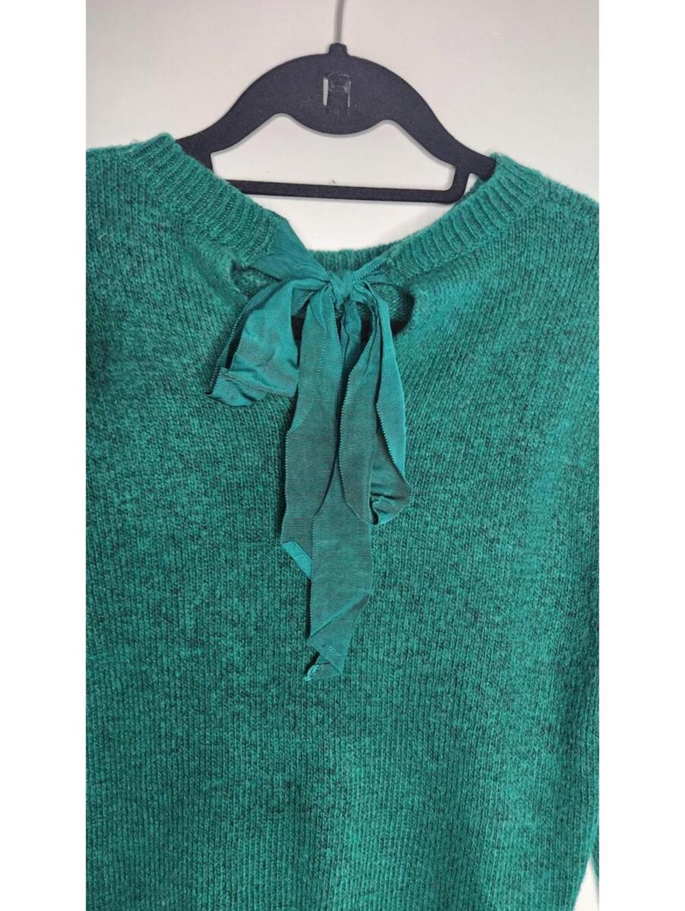 Halogen Sweater Womens XS Teal Green Back Bow Tie Crewneck Knit Pullover Ribbed - Picture 3 of 6